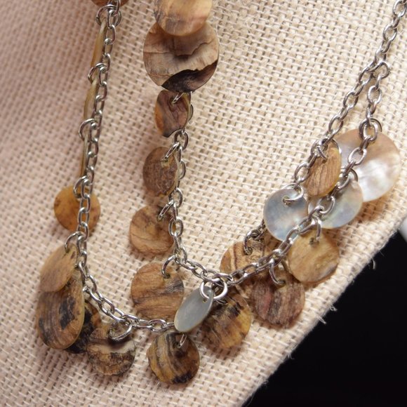 Reversible Double Layer Shell Round Disc Necklace Abalone Silvertone - Picture 10 of 12